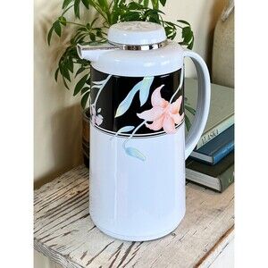 Vintage 1980's Phoenix Thermal Carafe Black & Peach Florals  / Great Condition